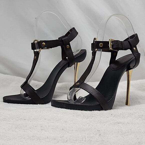 GUCCI KYLIE VINTAGE STILLETOS WOODEN PLATFORM LEATHER T-STRAP HEELS 7.5 GUC - Picture 1 of 16